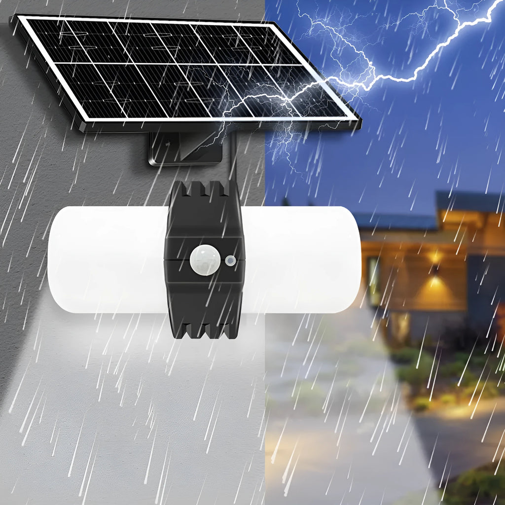 Black outdoor solar floodlight with motion sensor and solar panel on wall bracket