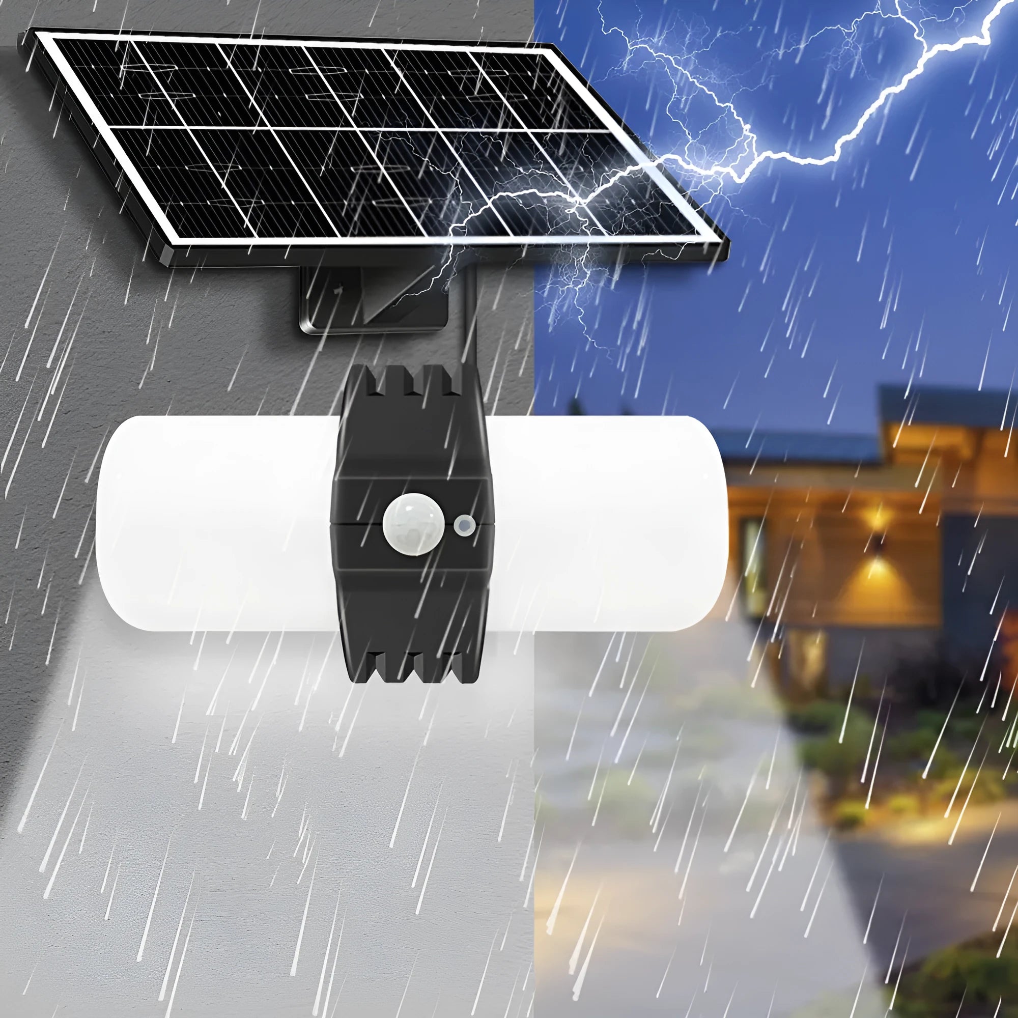 Black outdoor solar floodlight with motion sensor and solar panel on wall bracket