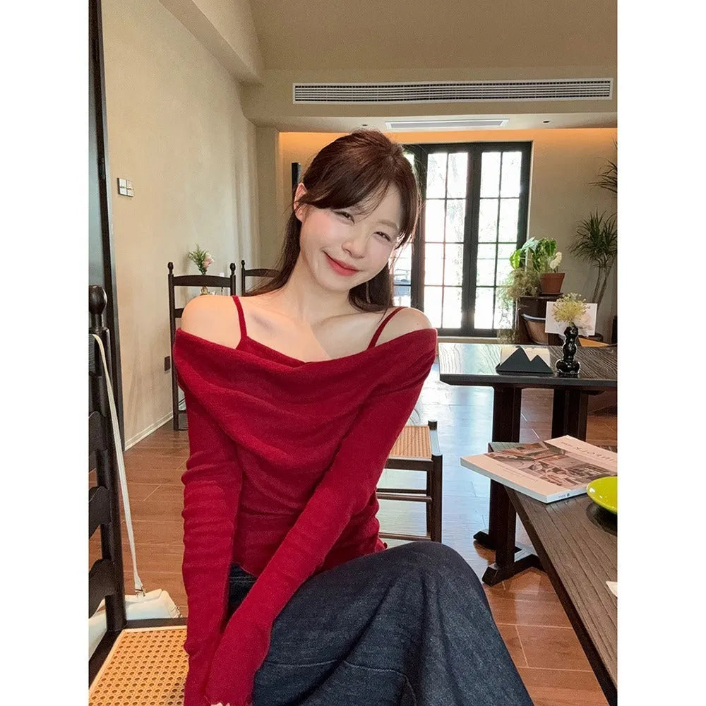 Fashion fake two-piece off-shoulder long sleeve top in polyester with patchwork and ruffles, available in multiple colours