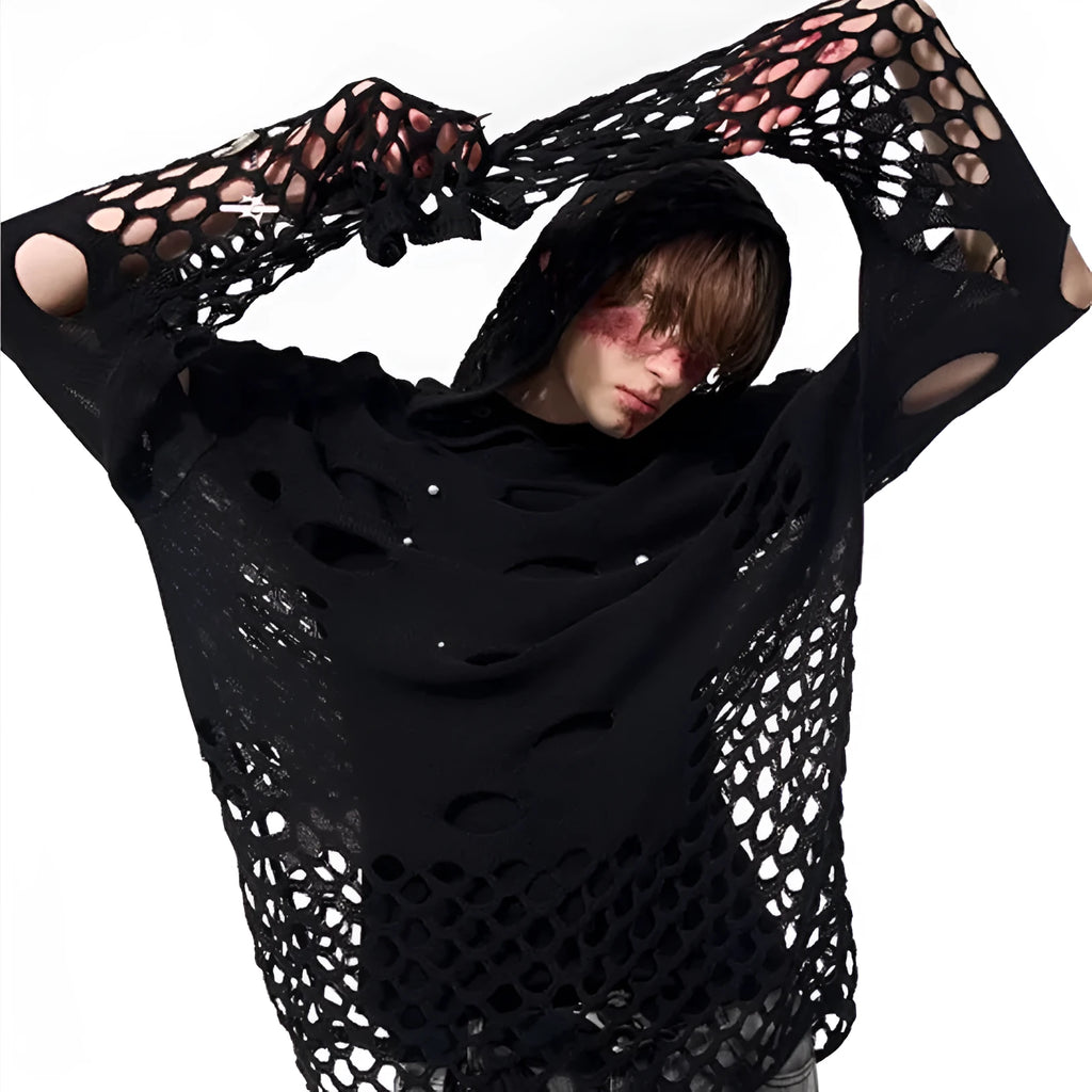 Black men's loose hoodie with a pearl decoration on the hood, shown on a model.