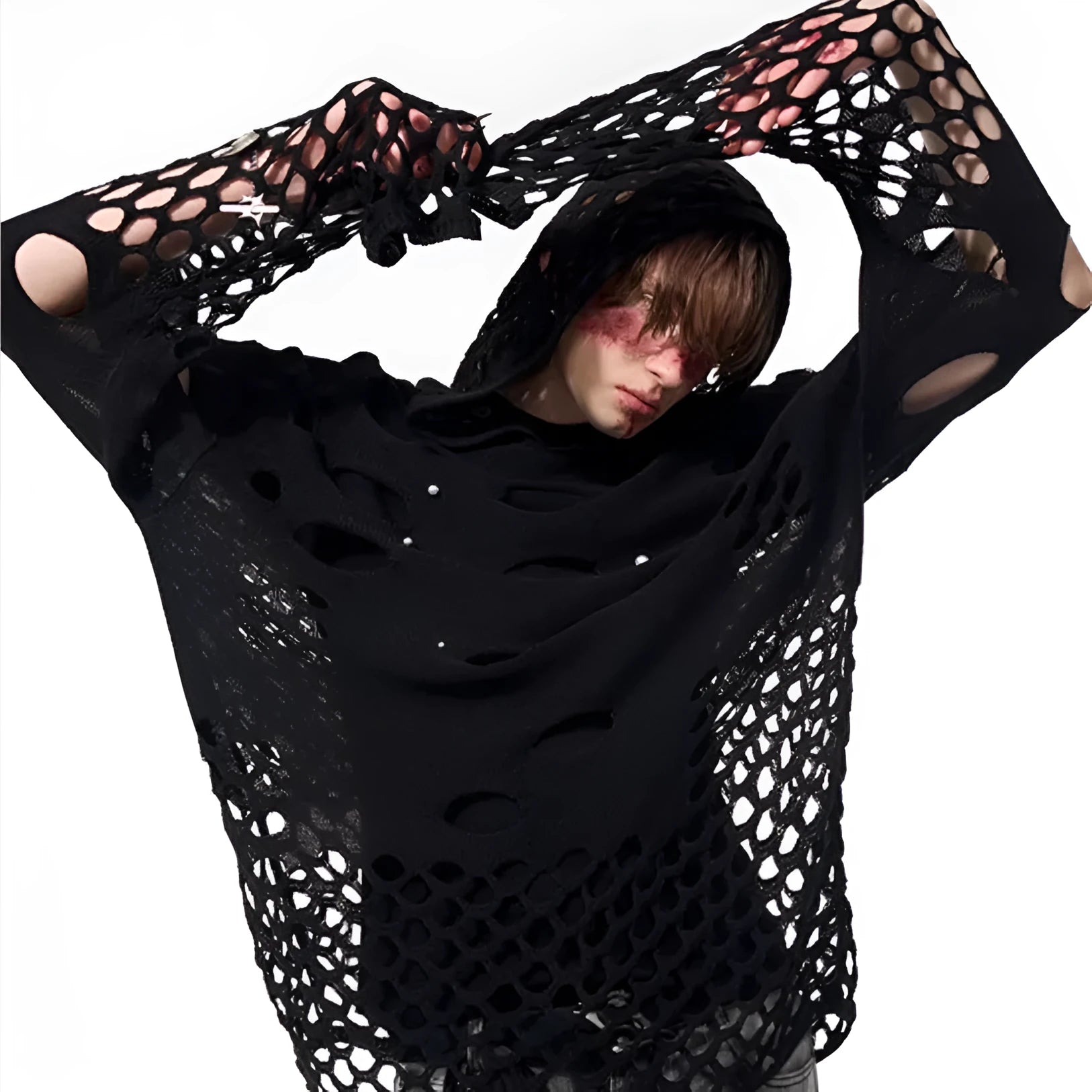 Black men's loose hoodie with a pearl decoration on the hood, shown on a model.