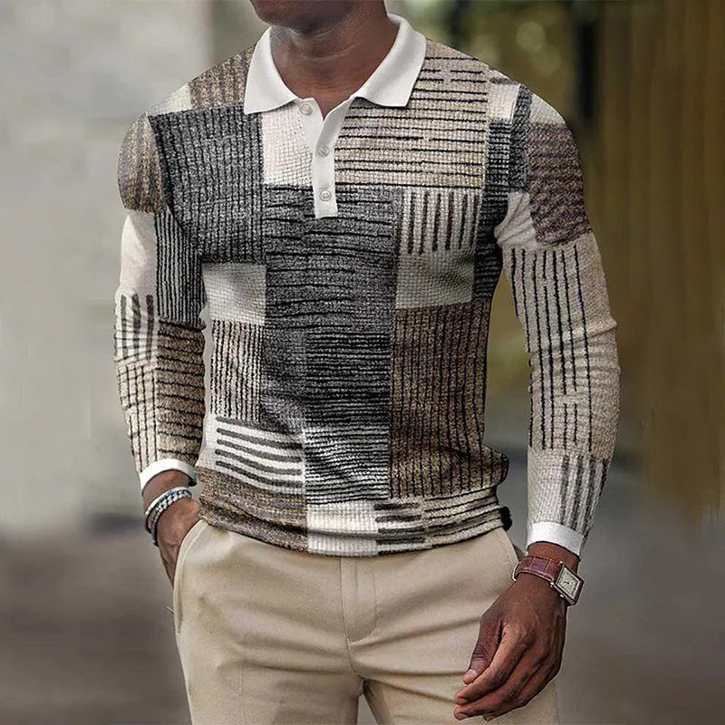 Men's long-sleeved casual top with 3D printed stripe pattern in assorted colours.