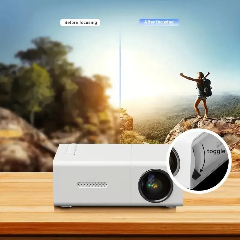 Compact white M100 mini LED home projector with remote control on a table.