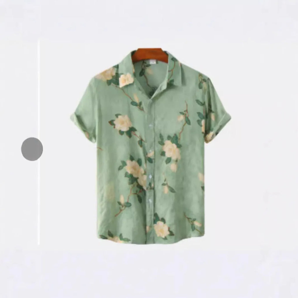 Hawaiian floral print lapel short sleeve shirt in street fashion style with elastic fabric