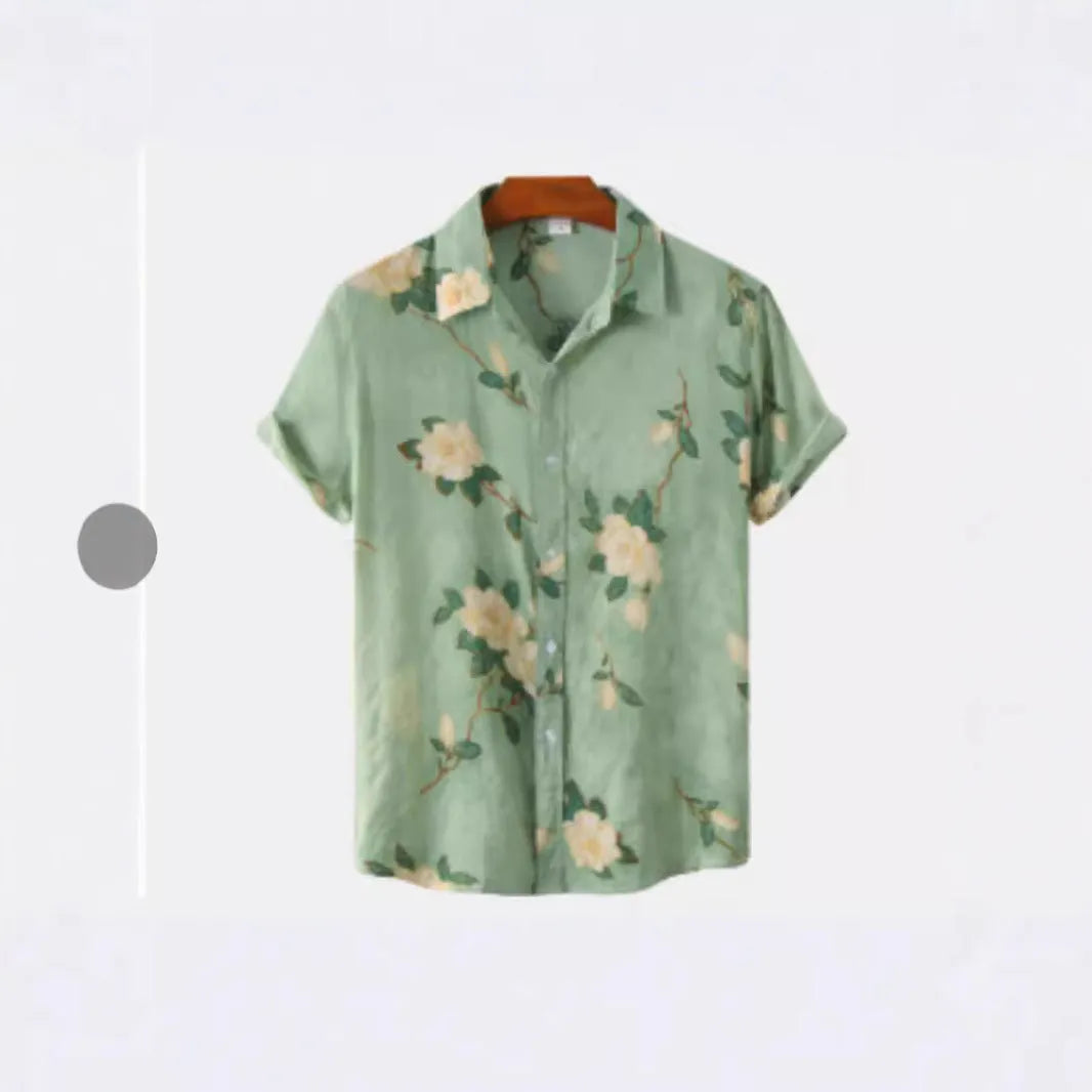 Hawaiian floral print lapel short sleeve shirt in street fashion style with elastic fabric