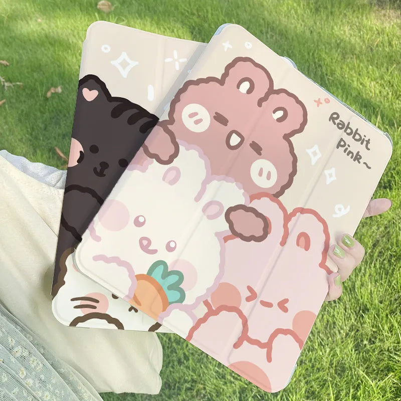 Silicone tri-fold protective case for iPad with cartoon rabbit design, showing front cover folded back.