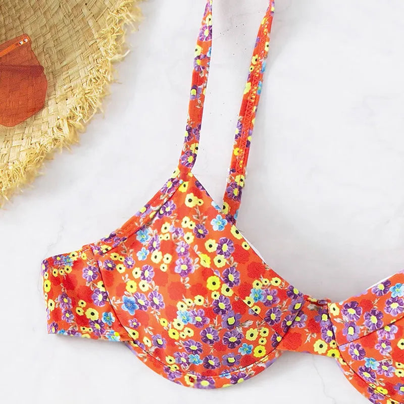 Red floral high-waisted women's one-piece swimsuit with side splits.