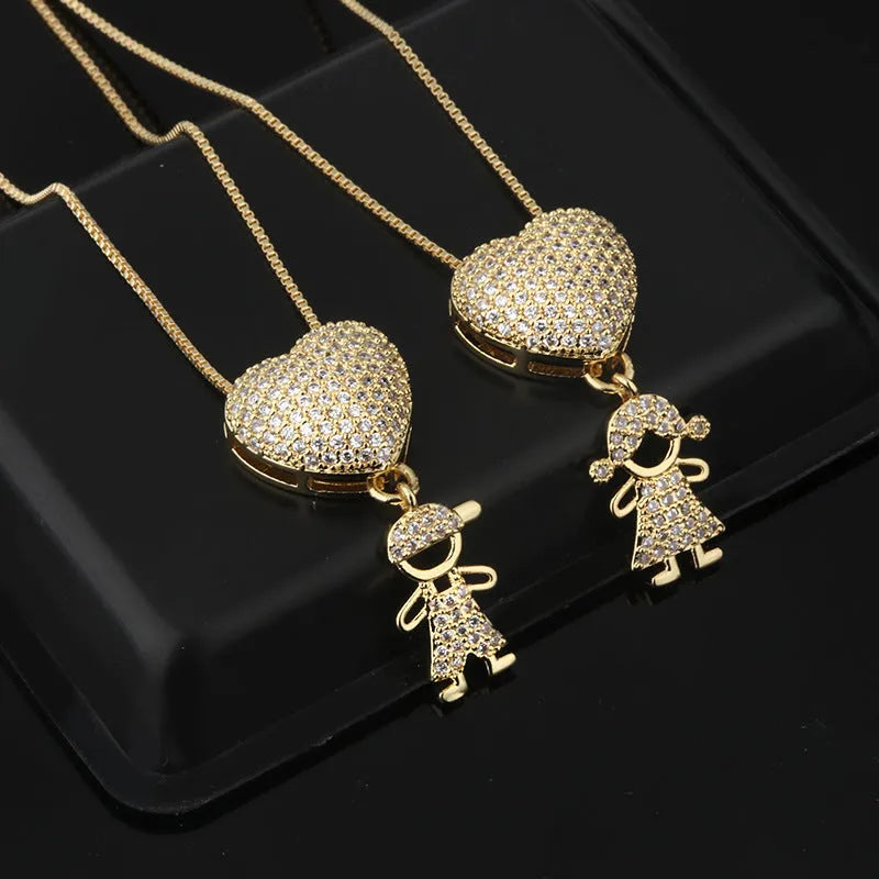 Gold colour copper heart pendant necklace with cubic zirconia inlays on a chain