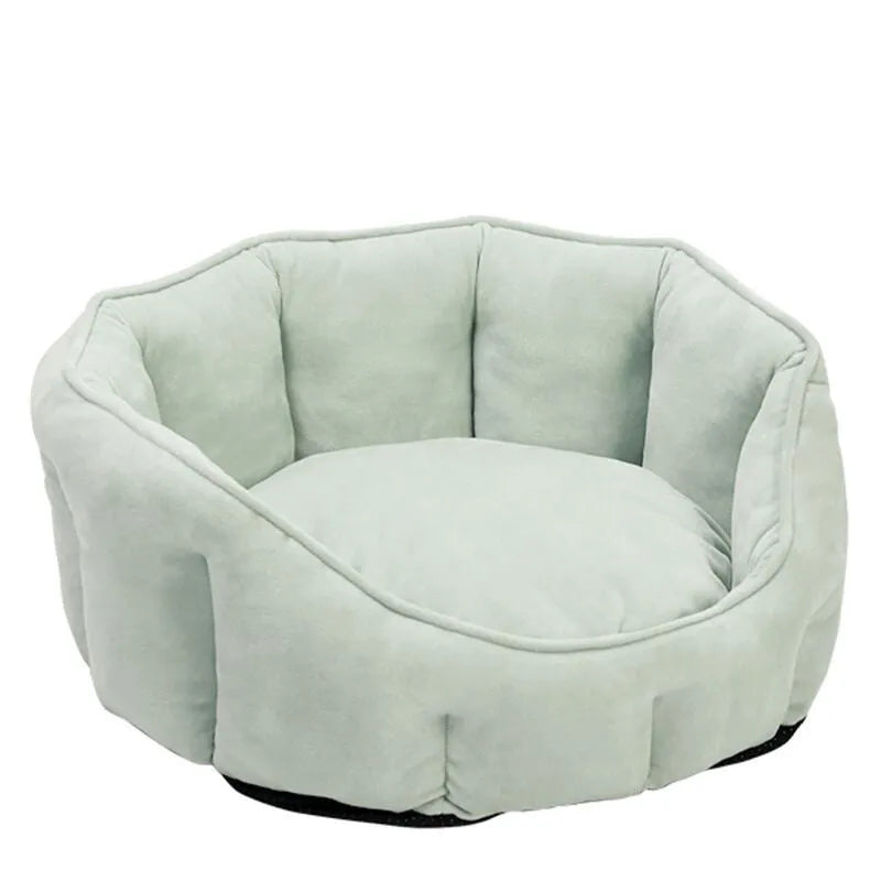 Grey plush cat kennel mat with integrated hammock and raised house structure