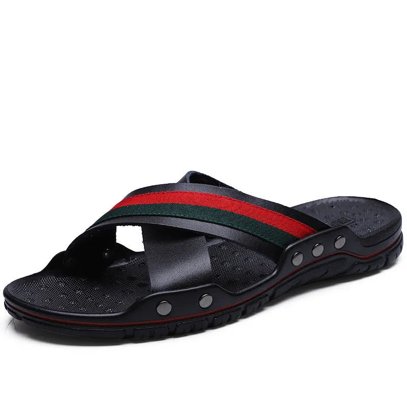Men's cowhide flip-flop beach shoes with PU sole in white, blue and black colours