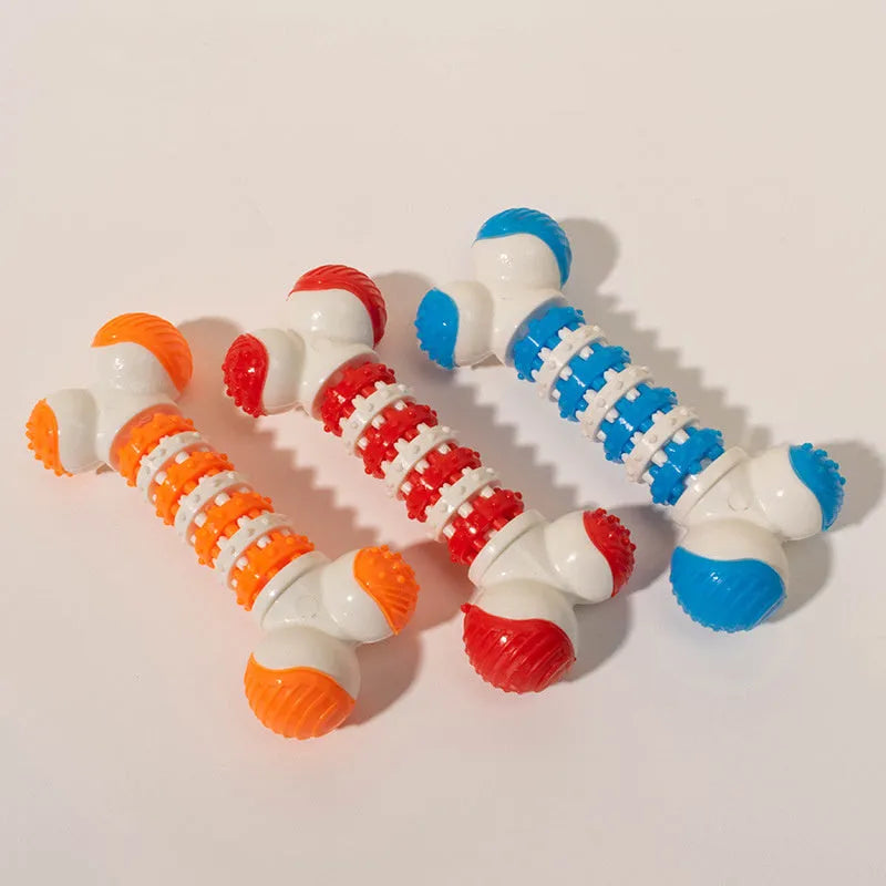 Blue bone-shaped interactive dog toy for small breeds with a treat holder in the centre.