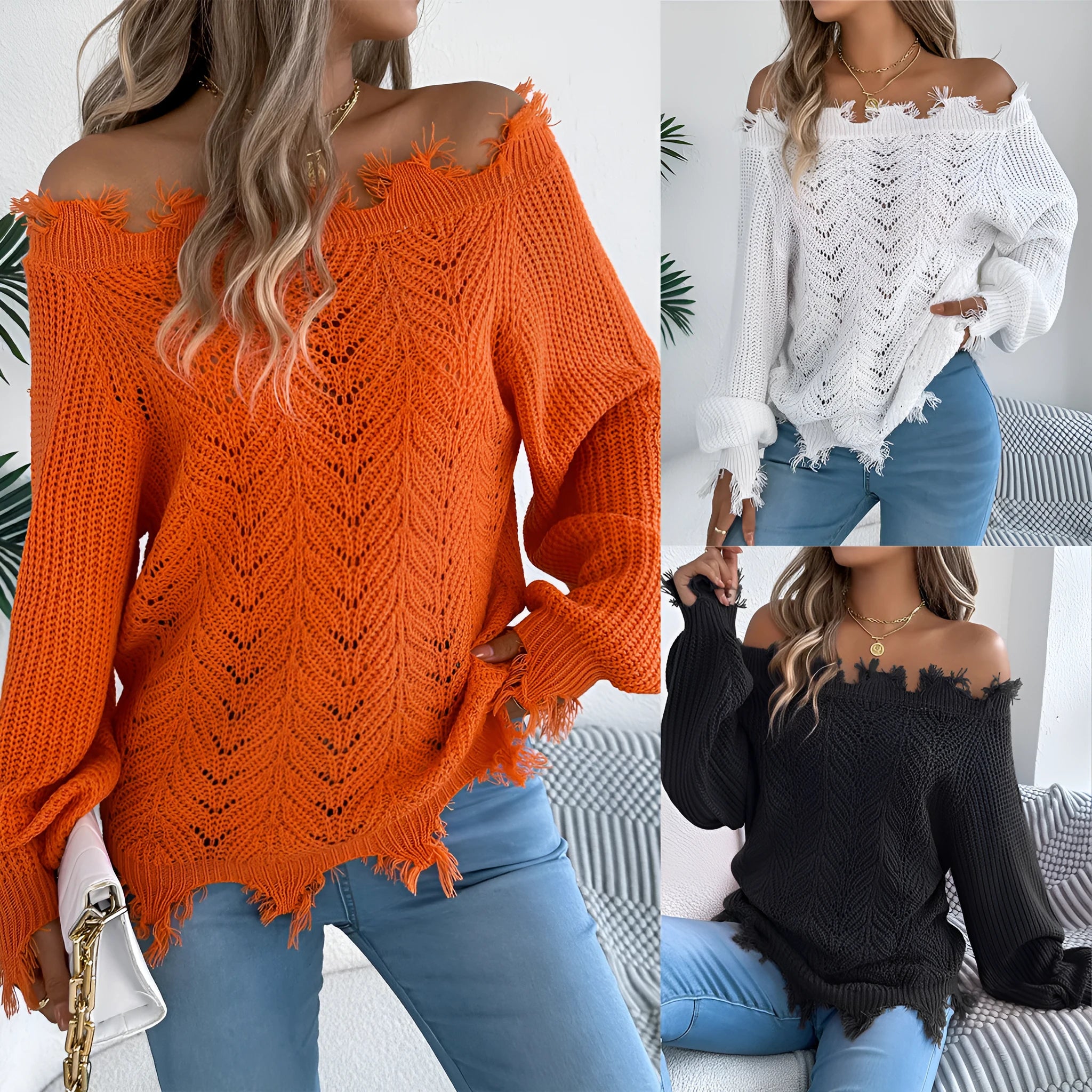 Hollow-out long-sleeved cut off-the-shoulder pullover sweater in artificial wool fabric