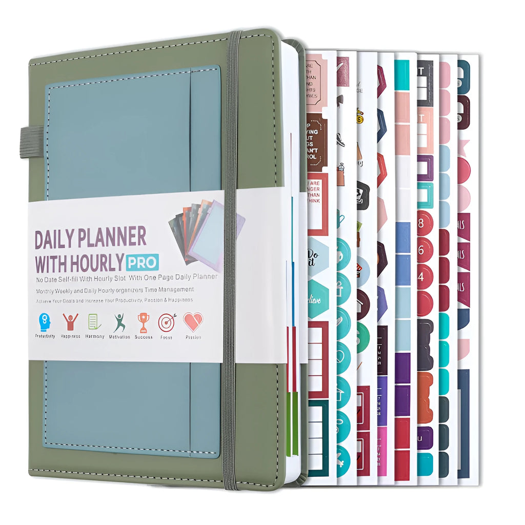 Undated notebook with PU cover in six colour options showing thread binding and 200 pages