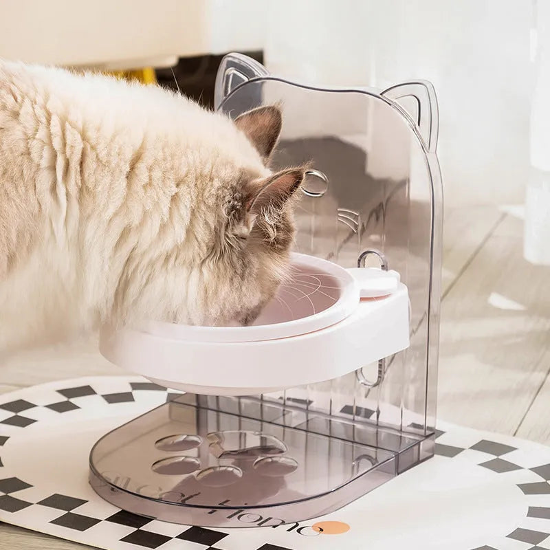 Grey pet bowl with cat ears design featuring adjustable height and anti-spill construction