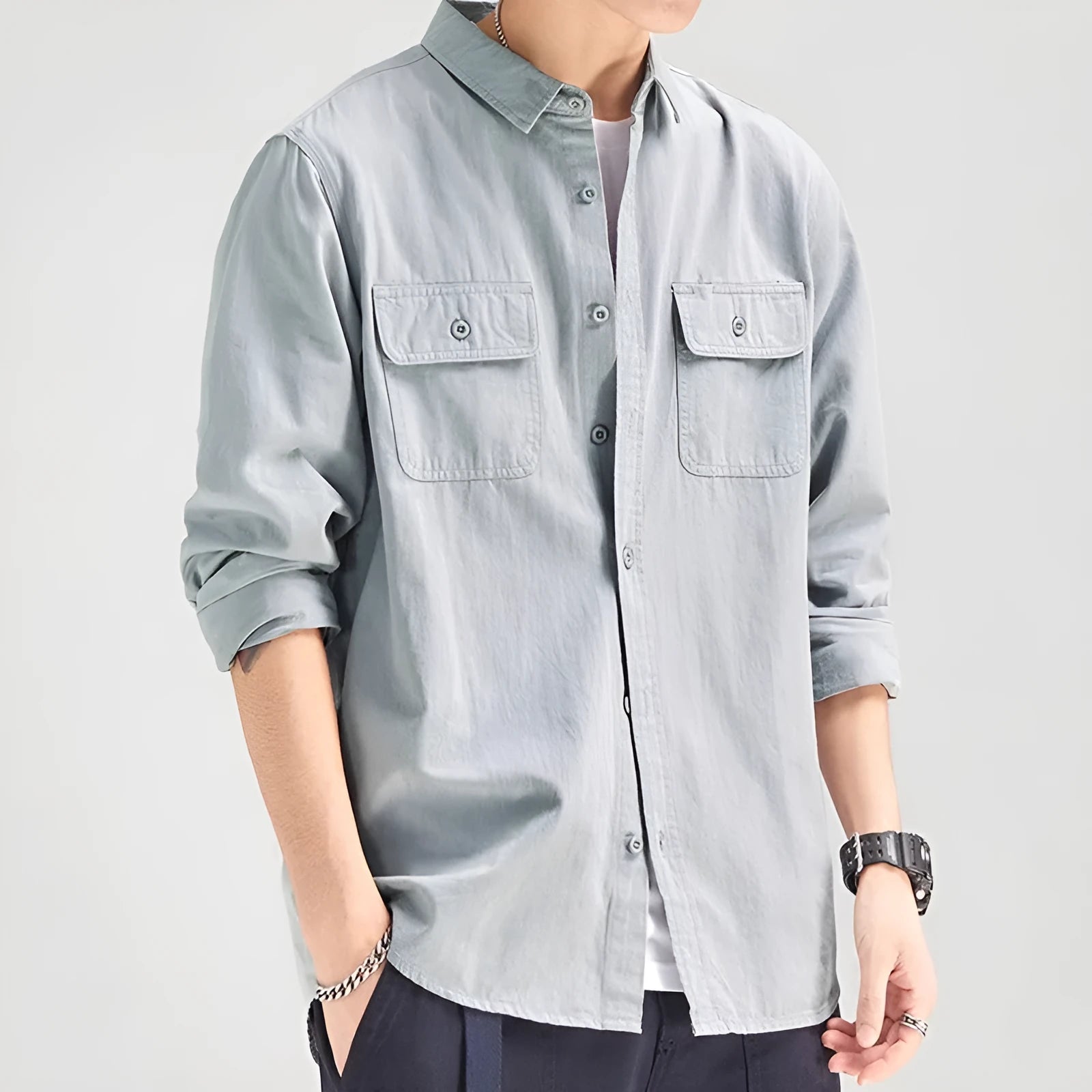 Design Sense men's loose fitting long sleeve cardigan style shirt in polyester fibre