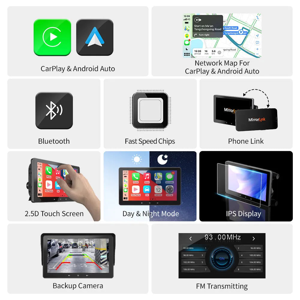 7-inch wireless CarPlay display with suction cup mount and cigarette lighter power cable