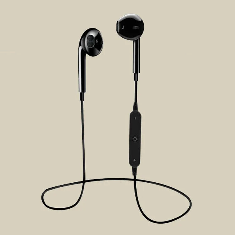 Mini sports portable binaural stereo Bluetooth headphones in black with USB charging cable