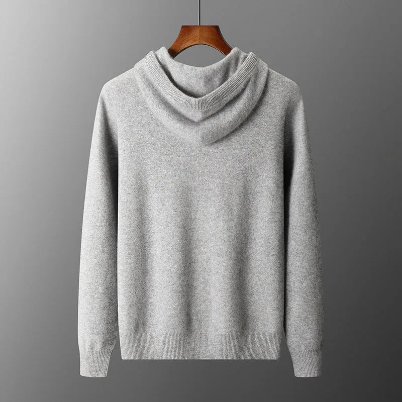 Men's light grey cashmere hooded sweatshirt and matching trousers set laid flat.