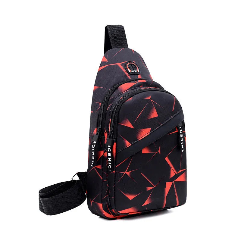 Men's blue print sling chest bag with a visible earphone hole and a single adjustable strap.