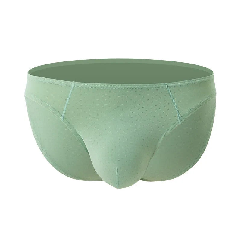 Men's solid colour low waist briefs in ice silk fabric on a white background.