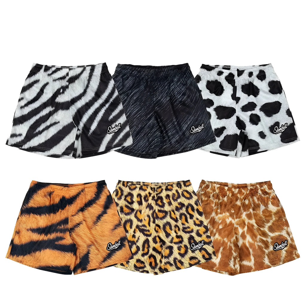 Men's leopard print fitness shorts with quick dry polyester fabric and milk silk lining