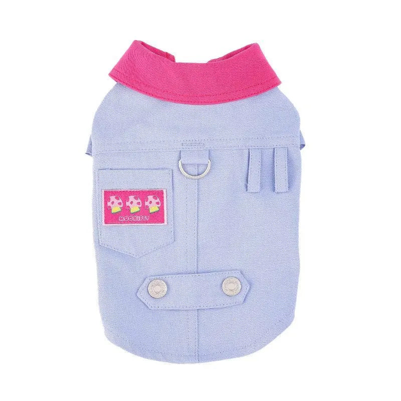 Blue and purple polyester dog vest with integrated leash ring for small dogs in summer