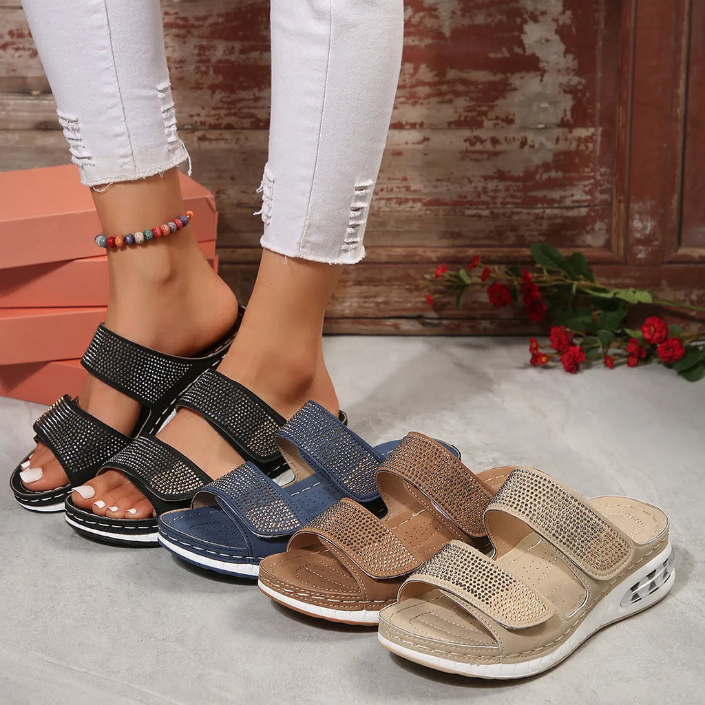 Women's air cushion wedge sandals with rhinestones, non-slip PU sole, fish mouth toe, in beige colour