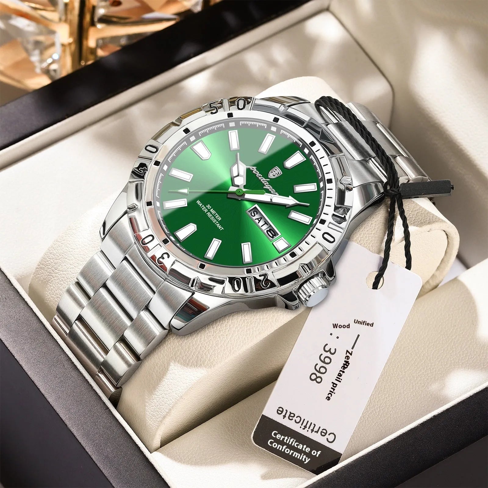 Swiss waterproof men's luminous watch with steel bracelet in gold, silver or black case options