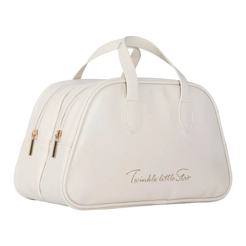 Large capacity PU leather travel toiletry bag in caramel mocha colour with expansion zipper