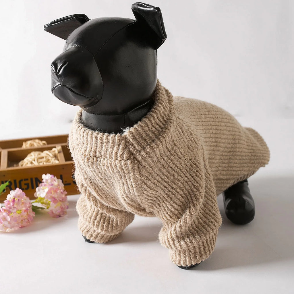 Brown cloth pullover sweater on a small dog, showing casual design.