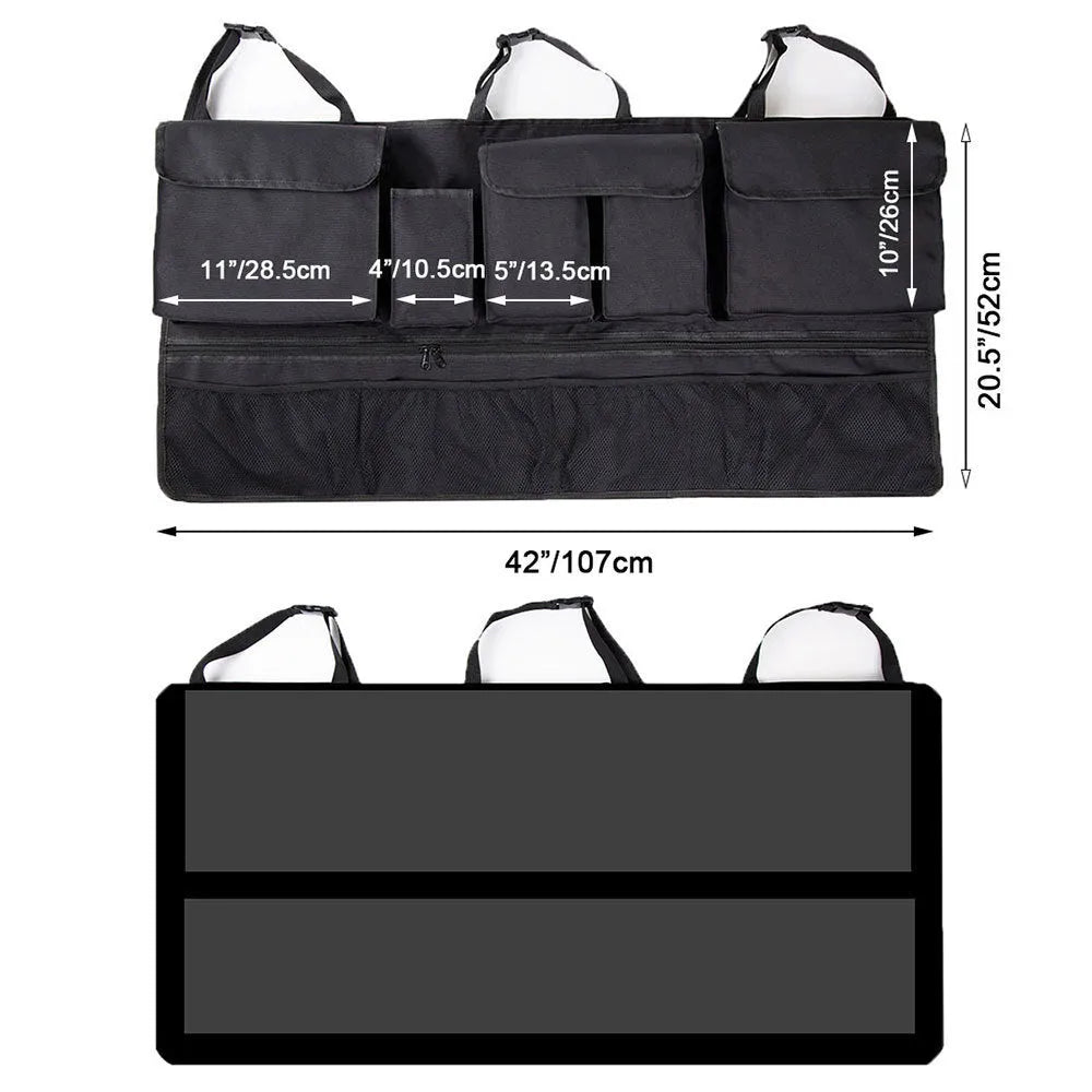 Black car boot hanging storage bag with red piping trim made from waterproof Oxford cloth with handle