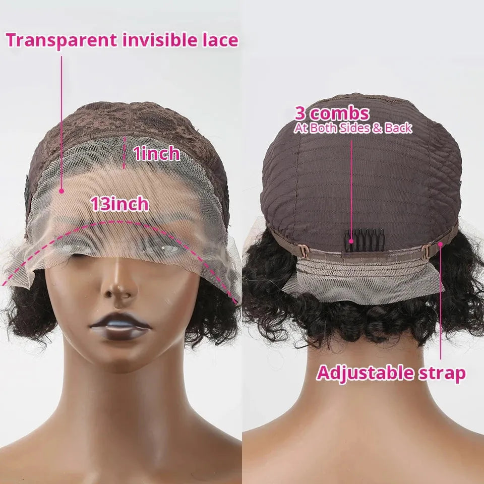 Black lace front human hair cover with pre-plucked hairline in a short pixie cut style.