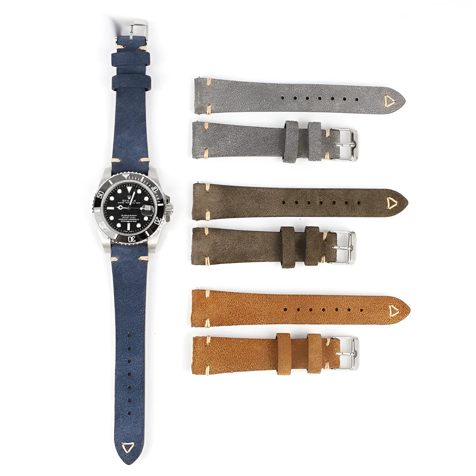 Brown suede leather watch strap with small waist design shown next to blue, grey, and army green colour options.