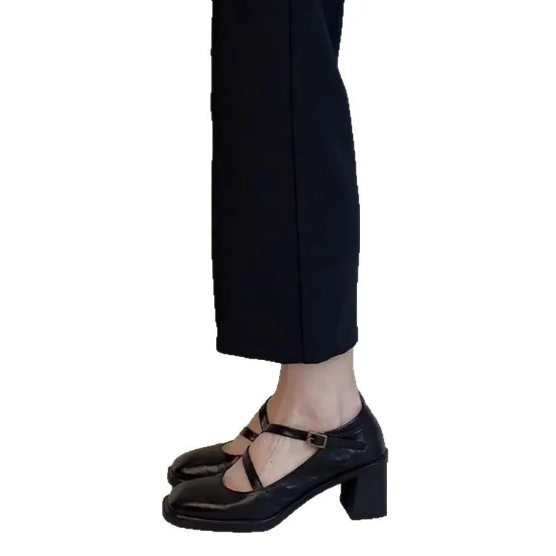 Square toe Mary Jane shoes for women black chunky heel low-cut cowhide leather