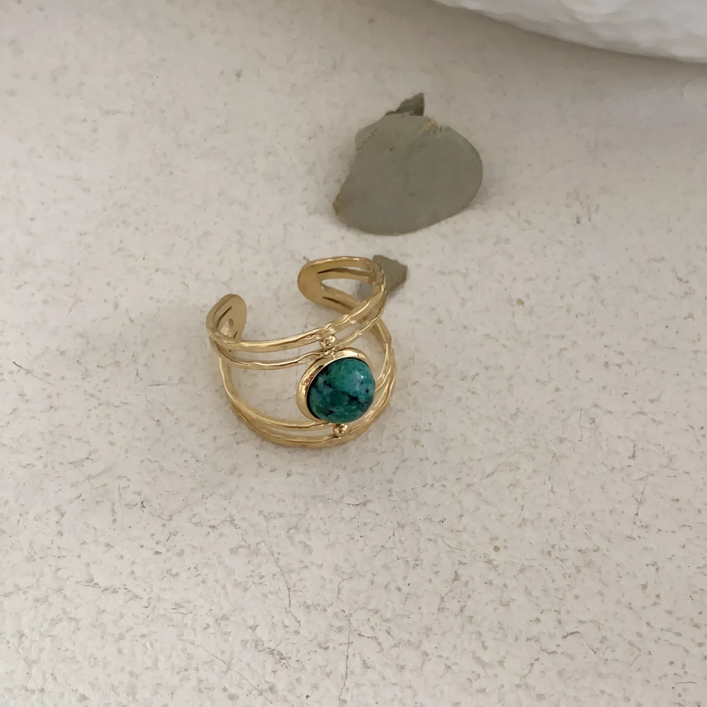 Geometric open ring with titanium steel electroplating and natural green stone elements