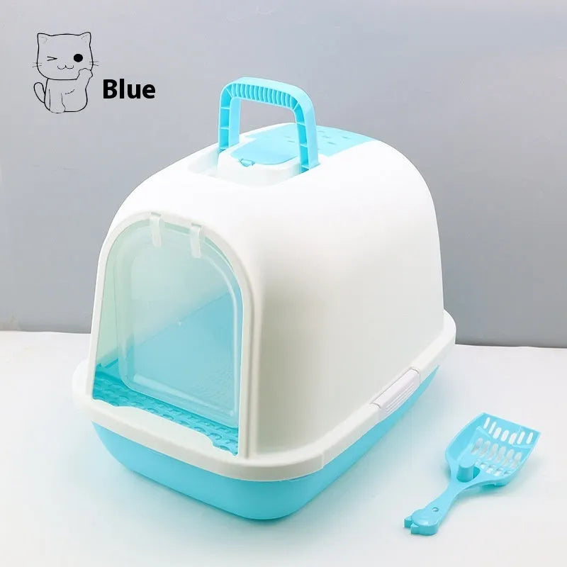 Fully enclosed PP cat litter box with drawer tray, splash-proof design, dimensions 49x36x41cm, colour blue