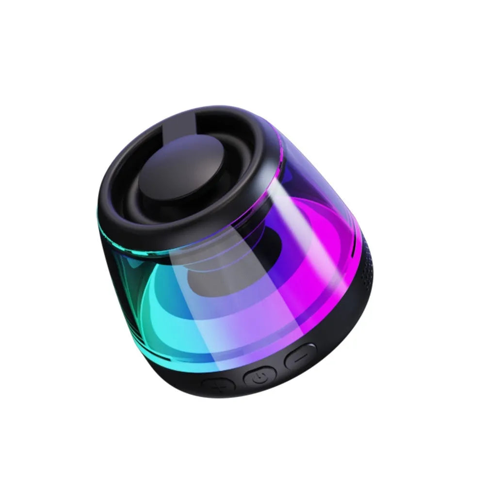 White or black mini Bluetooth speaker with magnetic back, ambient light, and card slot.