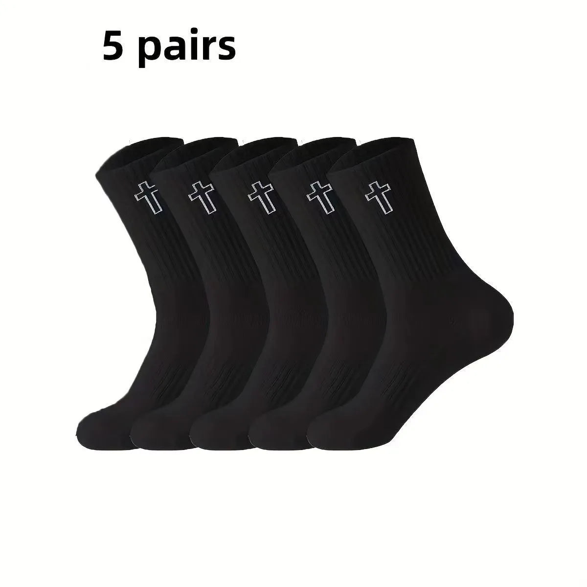 Pack of 5 black mid-calf socks made from polyester for sweat absorption and odour control