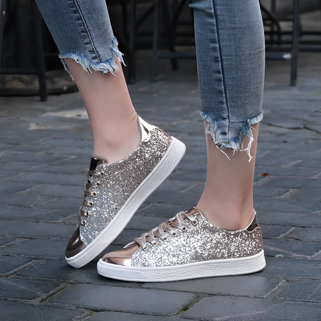 Women's colourful sequin low-top casual shoes in black, gold, or pink with lace-up front
