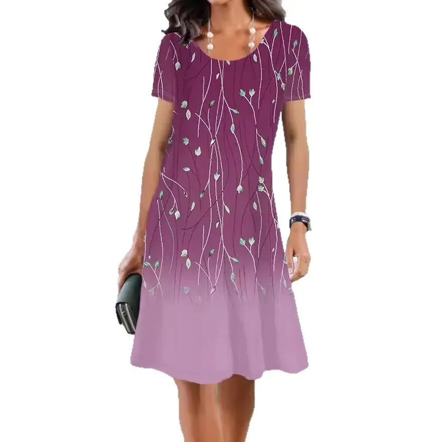 Women's short sleeve A-line midi dress with painted botanical print in a fresh and sweet style.