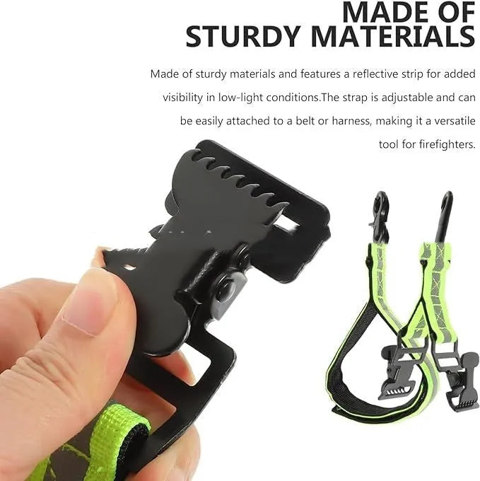 Fluorescent green metal buckle safety clamp for attaching work gloves to a belt.