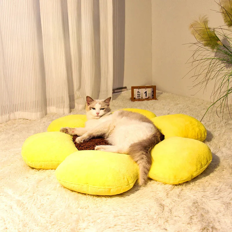85cm round flower pattern cat nest with plush fabric and sponge-filled walls in blue colour