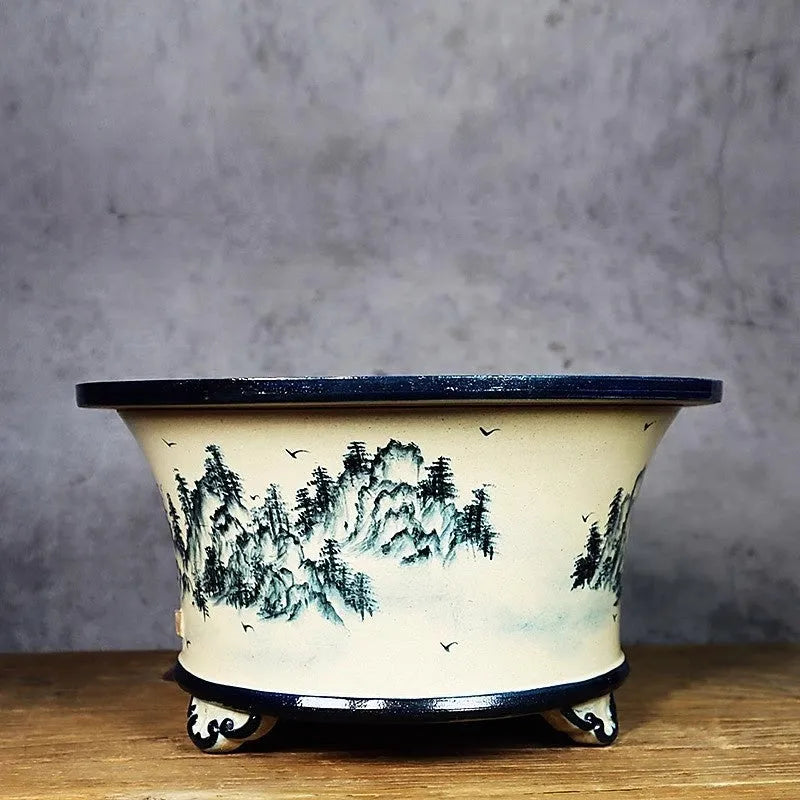 Lingnan Shiwan hand painted glazed ceramic flower pot with landscape decoration in High Mountains pattern