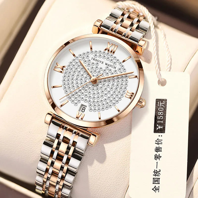 Starry women's quartz watch with white dial, 33mm, alloy strap, butterfly clasp, rose shell case
