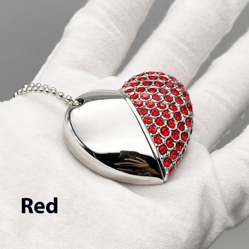 Brick-inlaid heart-shaped metal USB flash drive showing colour options and compact size