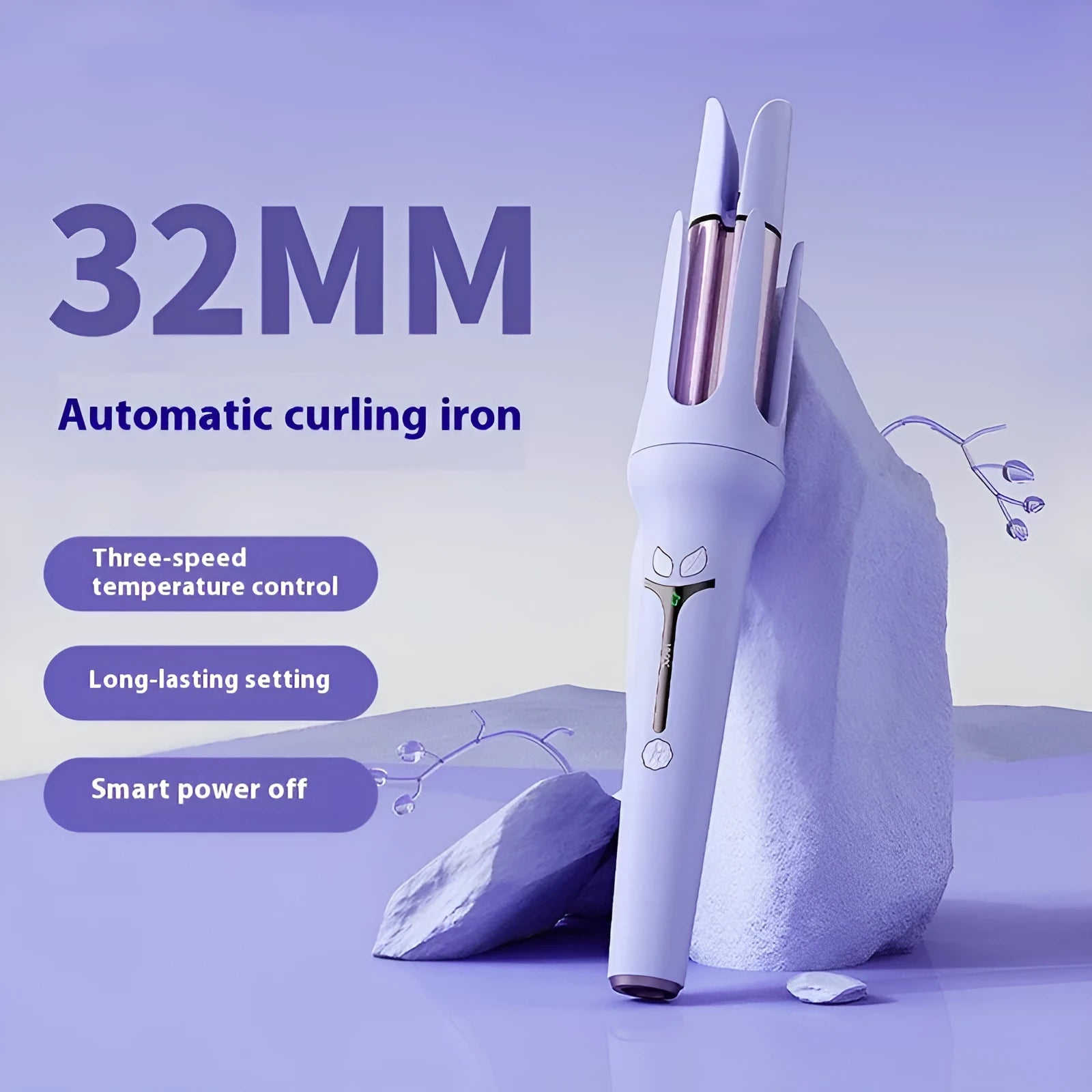 Pink automatic hair curler with 32mm barrel, three clips, and comb on white background