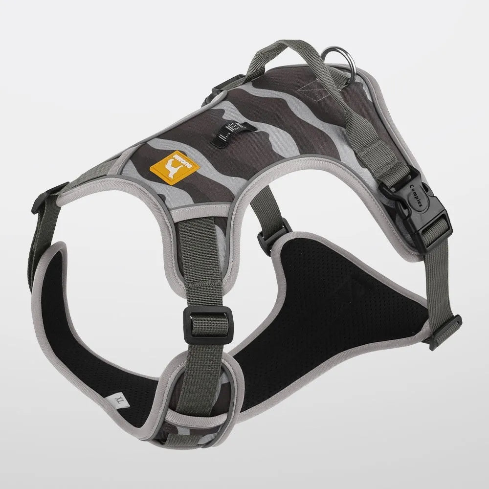 Orange oxford cloth dog harness with reflective strips and an attached hand-holding rope.