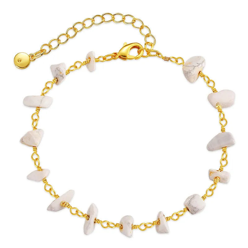 Women's geometric bracelet with irregular gravel turquoise stones and crystal accents on 18K gold-plated copper