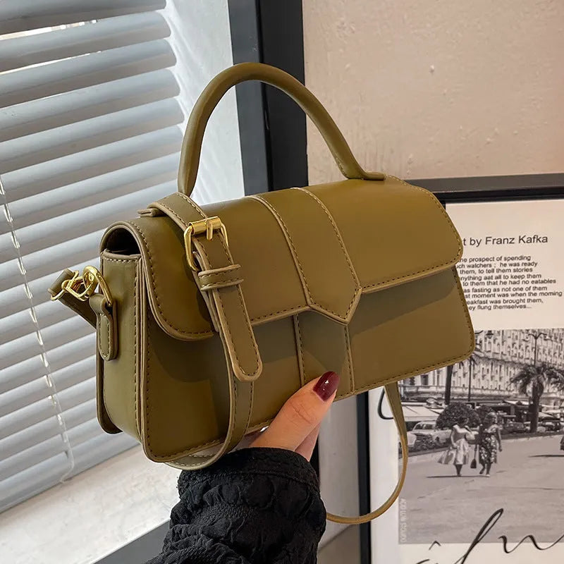Women's beige PU messenger bag with file organiser, showing horizontal square shape and external pocket