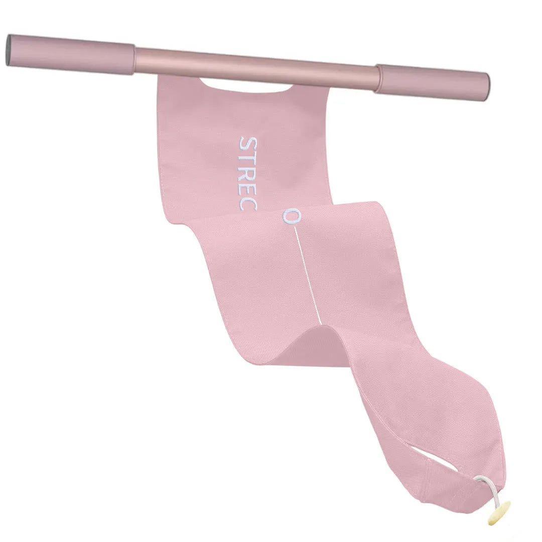 Grey and pink yoga stretching tool with iron frame and rubber grips for shoulder and back flexibility.